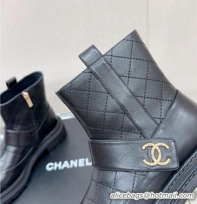 Luxurious Chanel Lambskin Ankle Boots with CC Strap Black 901002