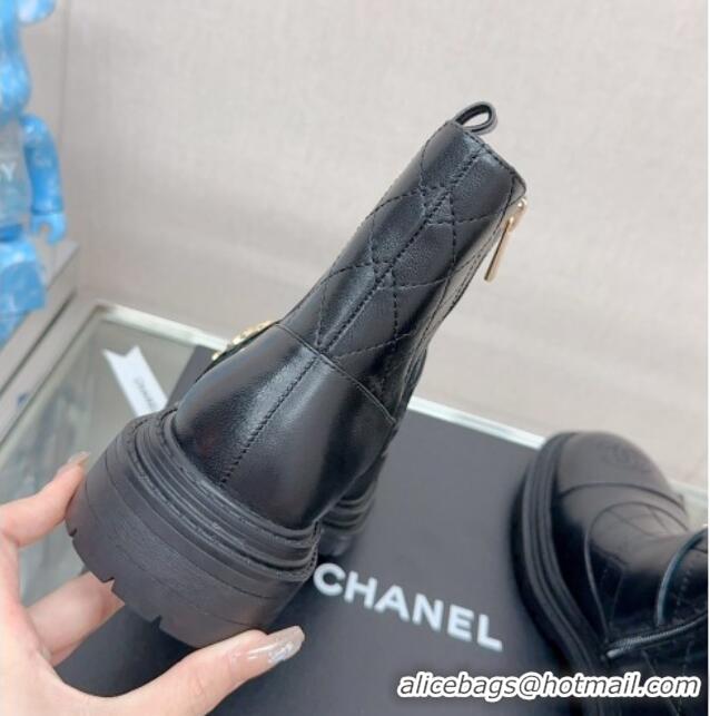 Luxurious Chanel Lambskin Ankle Boots with CC Strap Black 901002