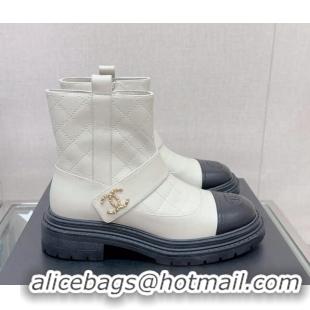 Most Popular Chanel Lambskin Ankle Boots with CC Strap White 901003