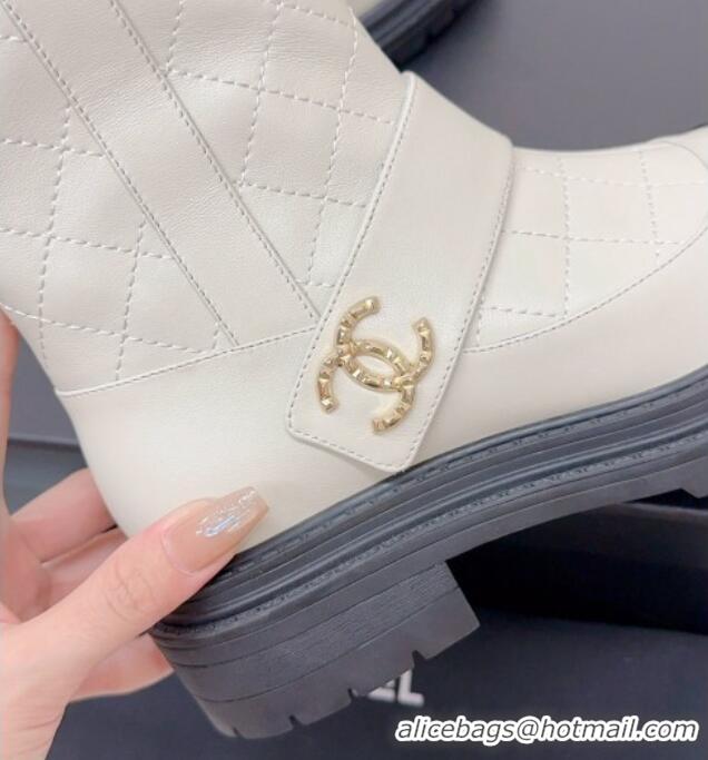 Most Popular Chanel Lambskin Ankle Boots with CC Strap White 901003