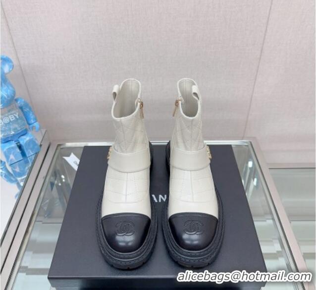 Most Popular Chanel Lambskin Ankle Boots with CC Strap White 901003