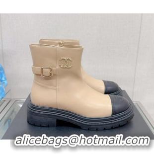 Charming Chanel Lambskin Ankle Boots with CC Buckle Beige 901004