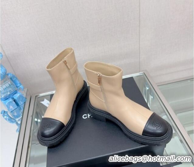 Charming Chanel Lambskin Ankle Boots with CC Buckle Beige 901004