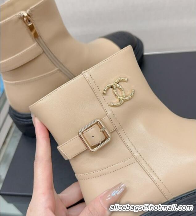 Charming Chanel Lambskin Ankle Boots with CC Buckle Beige 901004