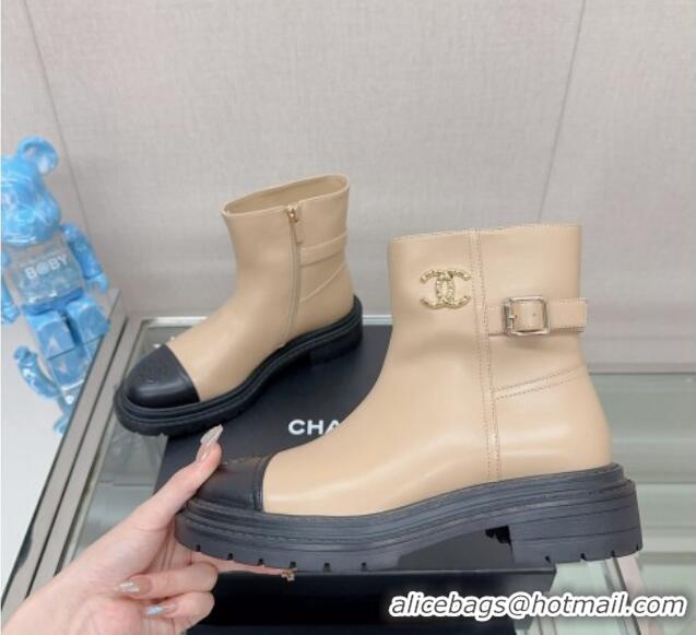 Charming Chanel Lambskin Ankle Boots with CC Buckle Beige 901004