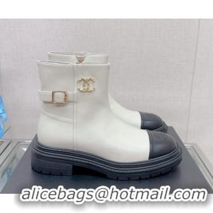 Best Quality Chanel Lambskin Ankle Boots with CC Buckle White 901006