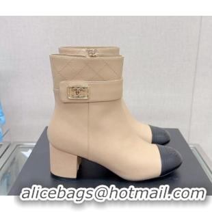 Best Price Chanel Calfskin Heel Ankle Boots 5cm with Framed CC Beige 901008