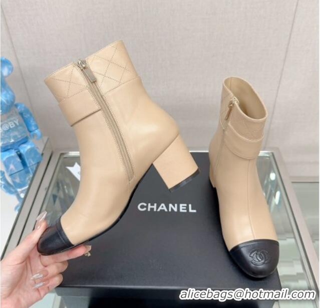 Best Price Chanel Calfskin Heel Ankle Boots 5cm with Framed CC Beige 901008