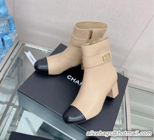 Best Price Chanel Calfskin Heel Ankle Boots 5cm with Framed CC Beige 901008