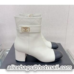 Elegant Chanel Calfskin Heel Ankle Boots 5cm with Framed CC White 901009