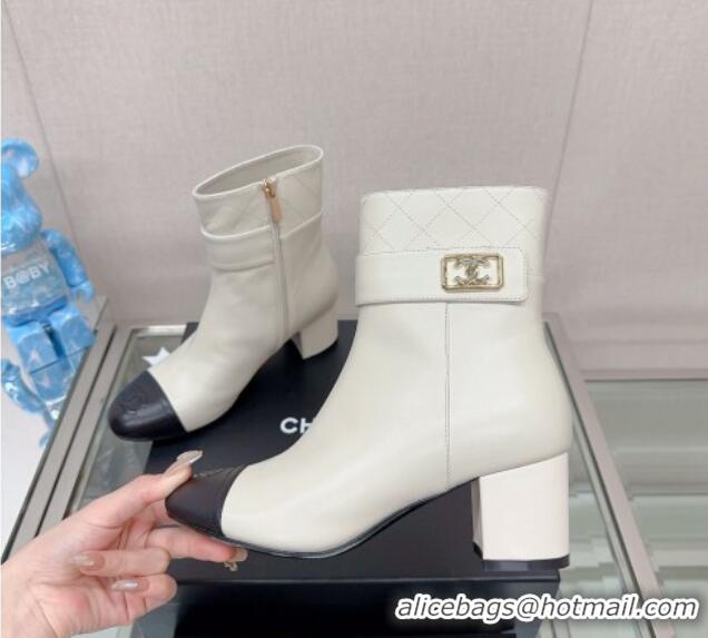 Elegant Chanel Calfskin Heel Ankle Boots 5cm with Framed CC White 901009