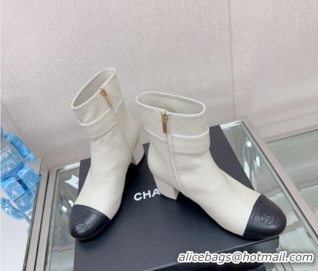 Elegant Chanel Calfskin Heel Ankle Boots 5cm with Framed CC White 901009