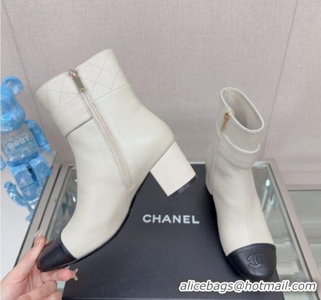 Elegant Chanel Calfskin Heel Ankle Boots 5cm with Framed CC White 901009