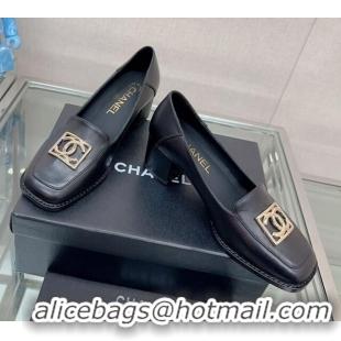 Low Price Chanel Lambskin Heel Loafers 5.5cm with Framed CC Black 901010