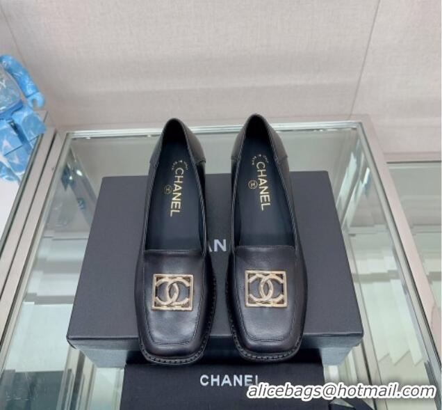 Low Price Chanel Lambskin Heel Loafers 5.5cm with Framed CC Black 901010