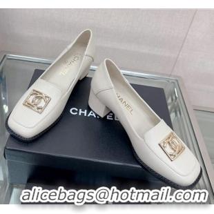 Popular Style Chanel Lambskin Heel Loafers 5.5cm with Framed CC White 901011