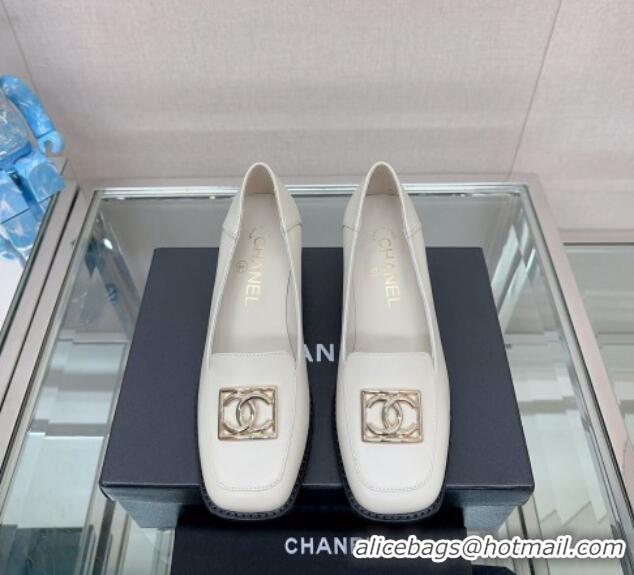 Popular Style Chanel Lambskin Heel Loafers 5.5cm with Framed CC White 901011