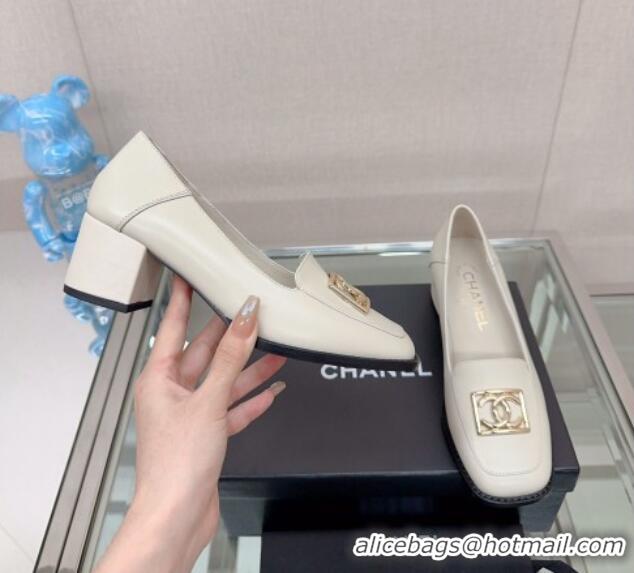 Popular Style Chanel Lambskin Heel Loafers 5.5cm with Framed CC White 901011