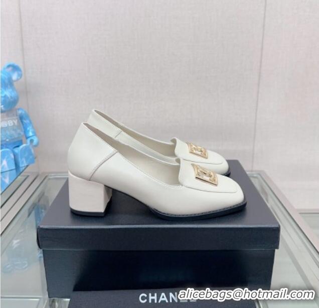 Popular Style Chanel Lambskin Heel Loafers 5.5cm with Framed CC White 901011