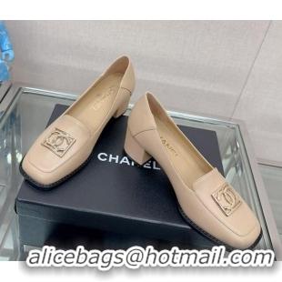 Good Product Chanel Lambskin Heel Loafers 5.5cm with Framed CC Beige 901012