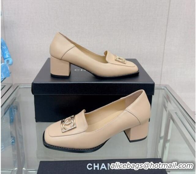 Good Product Chanel Lambskin Heel Loafers 5.5cm with Framed CC Beige 901012