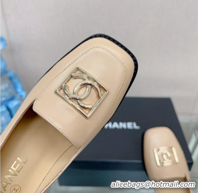 Good Product Chanel Lambskin Heel Loafers 5.5cm with Framed CC Beige 901012