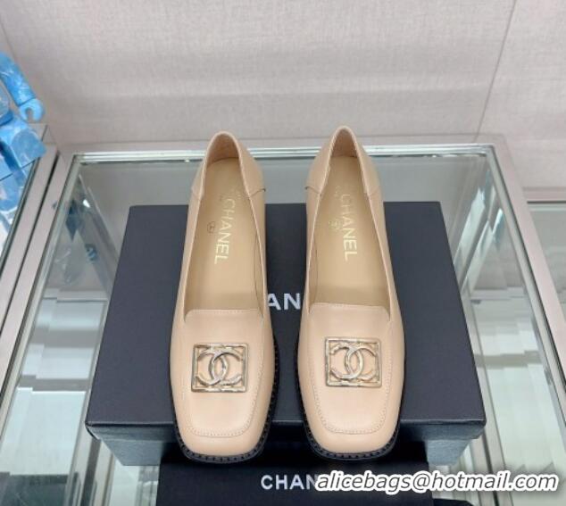 Good Product Chanel Lambskin Heel Loafers 5.5cm with Framed CC Beige 901012