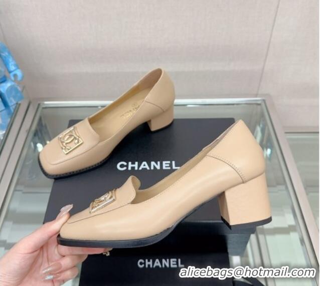 Good Product Chanel Lambskin Heel Loafers 5.5cm with Framed CC Beige 901012