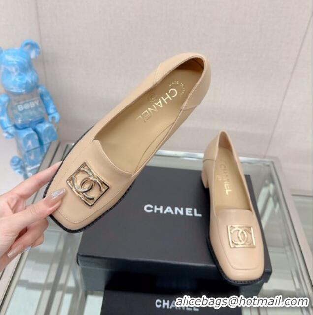 Good Product Chanel Lambskin Heel Loafers 5.5cm with Framed CC Beige 901012