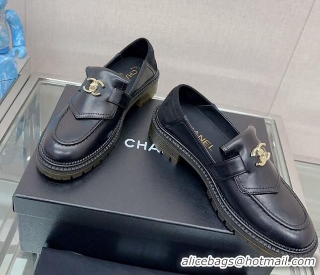 Top Quality Chanel Calfskin Loafers with CC Foldover Black 901013