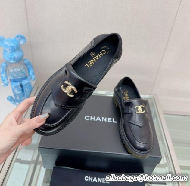 Top Quality Chanel Calfskin Loafers with CC Foldover Black 901013