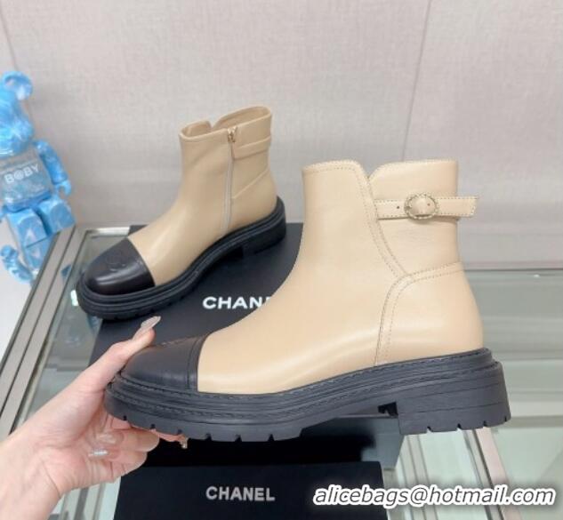 Shop Chanel Lambskin Ankle Boots 3.5cm with Buckle Strap Beige 901015