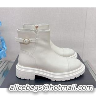 New Style Chanel Lambskin Ankle Boots 3.5cm with Buckle Strap White 901016