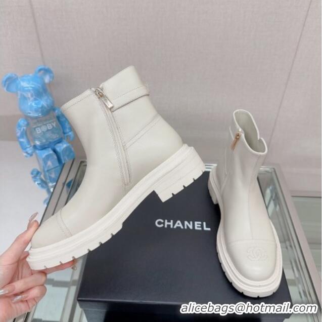 New Style Chanel Lambskin Ankle Boots 3.5cm with Buckle Strap White 901016