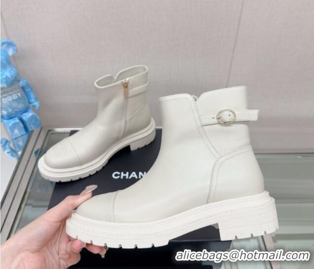 New Style Chanel Lambskin Ankle Boots 3.5cm with Buckle Strap White 901016