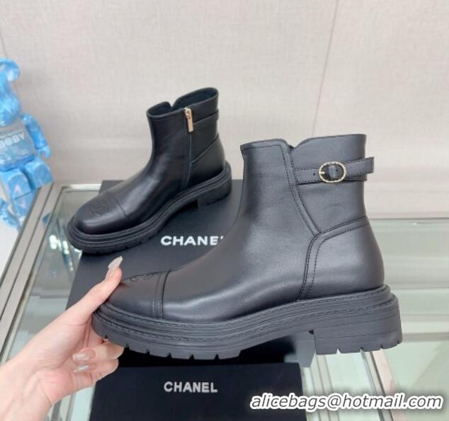 Most Popular Chanel Lambskin Ankle Boots 3.5cm with Buckle Strap Black 901017