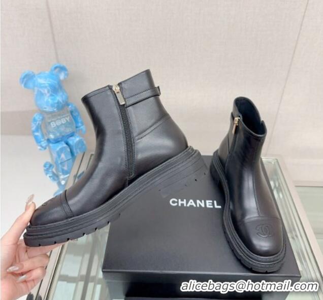 Most Popular Chanel Lambskin Ankle Boots 3.5cm with Buckle Strap Black 901017