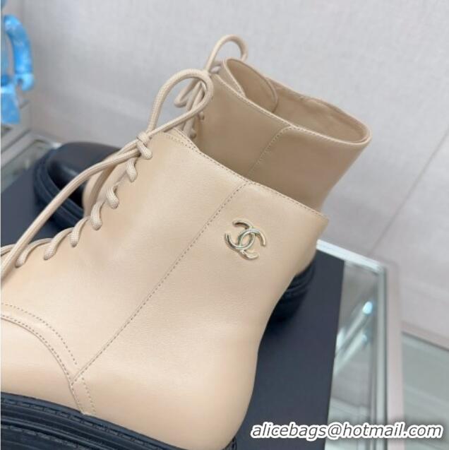 Good Quality Chanel Lambskin Lace-up Ankle Boots 3.5cm Beige 901018