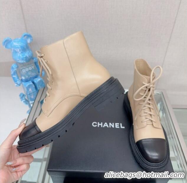 Good Quality Chanel Lambskin Lace-up Ankle Boots 3.5cm Beige 901018