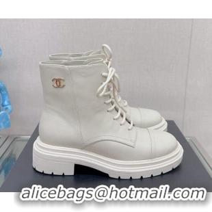 Best Luxury Chanel Lambskin Lace-up Ankle Boots 3.5cm White 901019