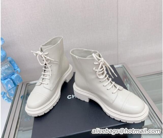 Best Luxury Chanel Lambskin Lace-up Ankle Boots 3.5cm White 901019