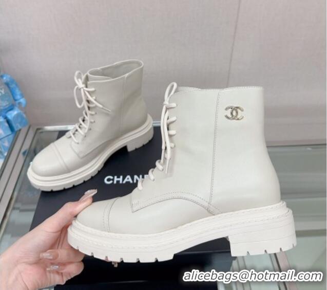 Best Luxury Chanel Lambskin Lace-up Ankle Boots 3.5cm White 901019