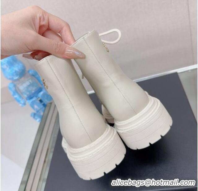 Best Luxury Chanel Lambskin Lace-up Ankle Boots 3.5cm White 901019