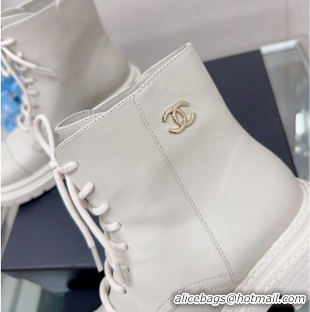 Best Luxury Chanel Lambskin Lace-up Ankle Boots 3.5cm White 901019