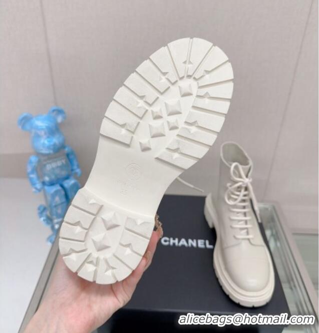 Best Luxury Chanel Lambskin Lace-up Ankle Boots 3.5cm White 901019