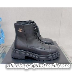 Good Product Chanel Lambskin Lace-up Ankle Boots 3.5cm Black 901020