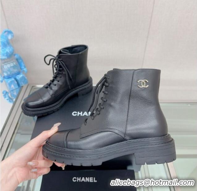 Good Product Chanel Lambskin Lace-up Ankle Boots 3.5cm Black 901020