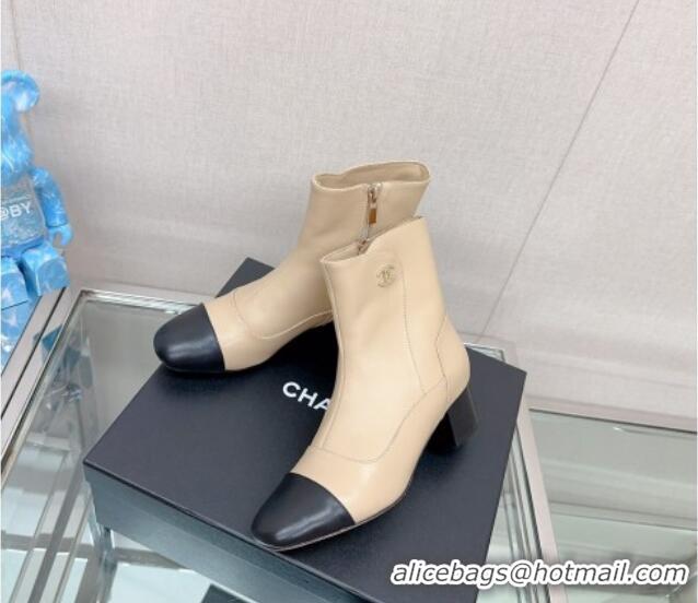 Best Grade Chanel Lambskin Heel Ankle Boots 5cm in Patchwork Leather Beige 901022