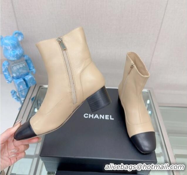 Best Grade Chanel Lambskin Heel Ankle Boots 5cm in Patchwork Leather Beige 901022