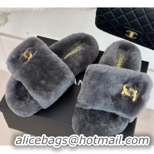 Grade Quality Chanel Wool Flat Slide Sandals with Stone CC Grey 901024